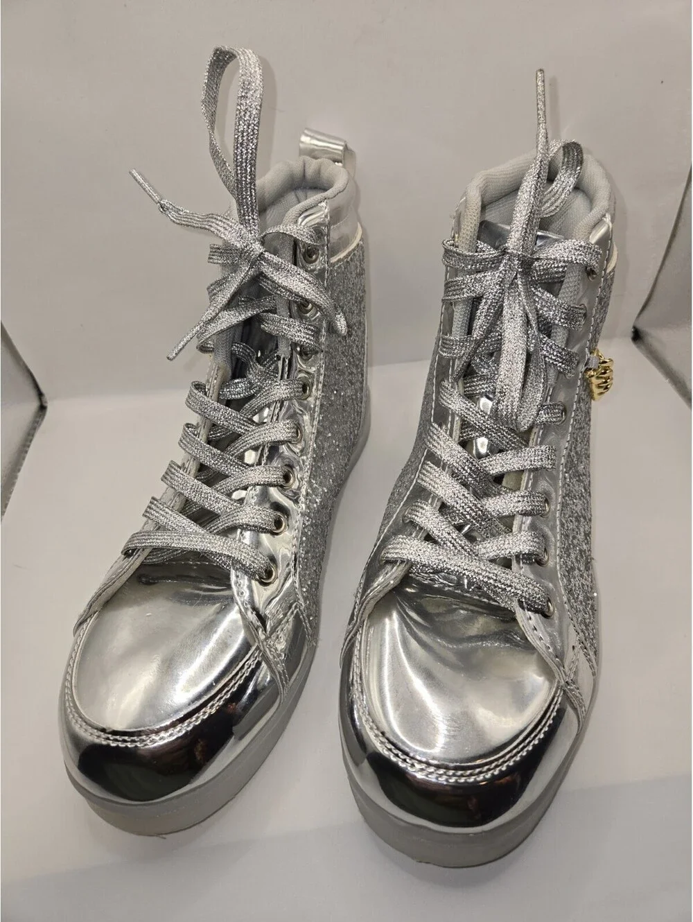 Silver Glitter Light Up Shoes High Top Metallic Dance Sneakers Chain Detail Sz 9